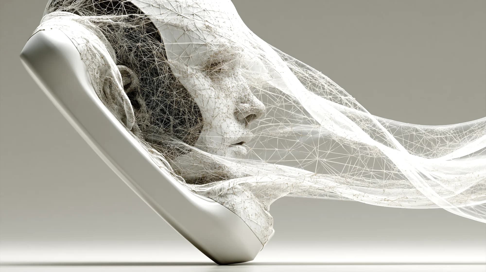 Aus einem weißen Telefonhörer wächst ein Gesicht, umhüllt von einem feinen Netz aus Linien — Sinnbild für den KI-Telefonassistenten